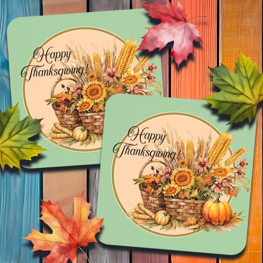秋バスケット、花、かぼちゃ、トウモロコシ コースター