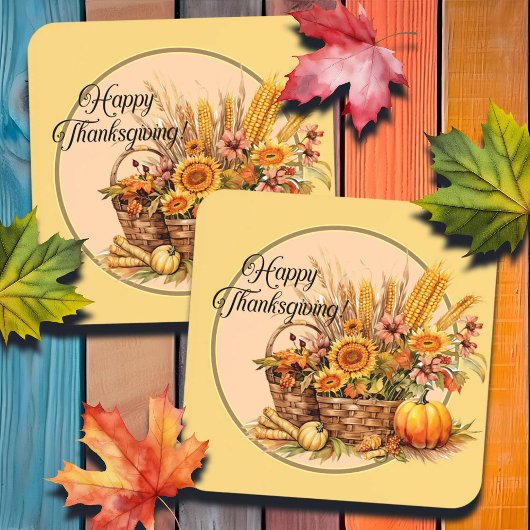 秋バスケット、花、かぼちゃ、トウモロコシ コースター