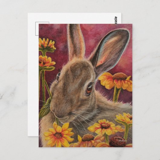 秋バニーラビットイエローフラワーズウォーターカラーアート ポストカード (正面/裏面)