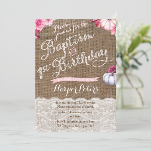 秋バプテスマ1st誕生日お祝いのための女の子 招待状 (スタンド正面)