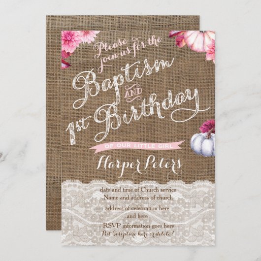 秋バプテスマ1st誕生日お祝いのための女の子 招待状 (正面/裏面)