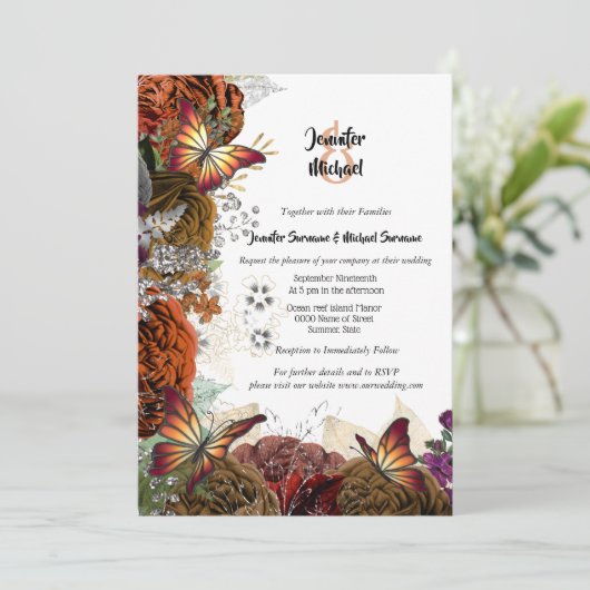 秋バラ秋の蝶感謝祭結婚の 招待状 (スタンド正面)