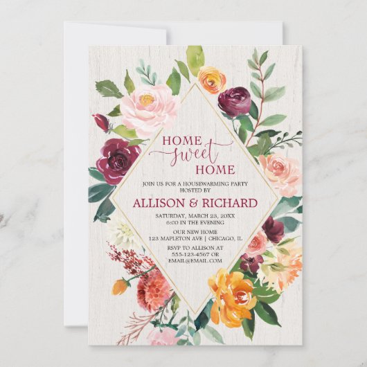 秋バーガンディフローラ秋引っ越し祝いパーティーパーティー 招待状 (正面)