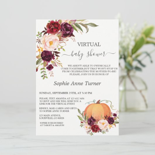 秋バーガンディ花かぼちゃの仮想ベビーシャワー 招待状 (スタンド正面)