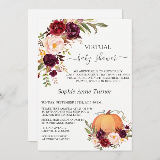 秋バーガンディ花かぼちゃの仮想ベビーシャワー 招待状 (正面/裏面)