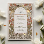 秋バーンオレンジ結婚金ゴールドズアールヌーボーミュシャ 箔招待状