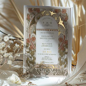 秋バーンオレンジ結婚金ゴールドズアールヌーボーミュシャ 箔招待状