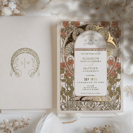 秋バーンオレンジ結婚金ゴールドズアールヌーボーミュシャ 箔招待状