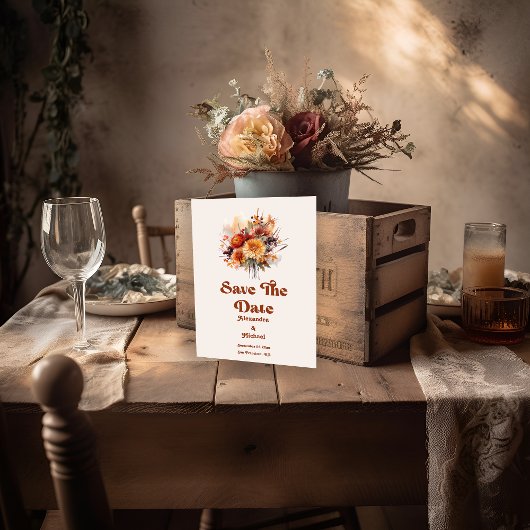 秋バーンドオレンジウォーターカラーパンパスグラス結婚ズ セーブザデート