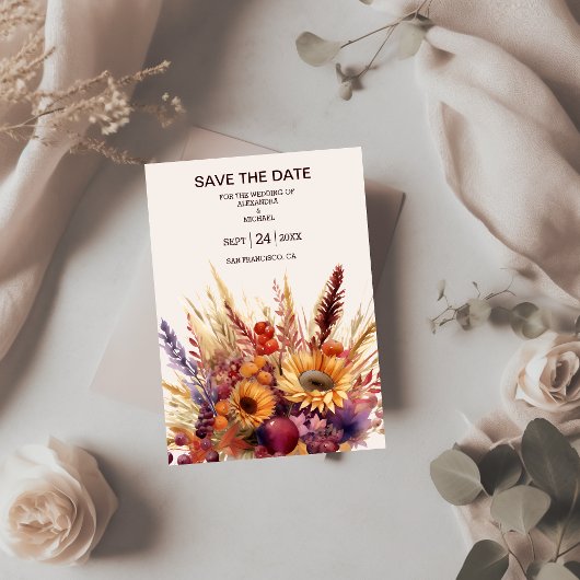 秋バーンドオレンジウォーターカラーパンパスグラス結婚ズ セーブザデート