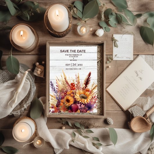 秋バーンドオレンジウォーターカラーパンパスグラス結婚ズ セーブザデート