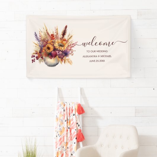 秋バーンドオレンジウォーターカラーパンパスグラス結婚ズ 横断幕 (インサイチュ)