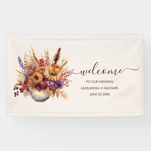 秋バーンドオレンジウォーターカラーパンパスグラス結婚ズ 横断幕 (横)