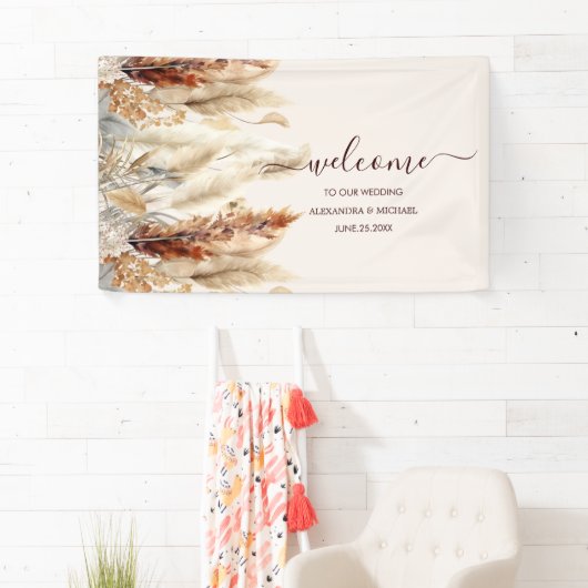 秋バーンドオレンジウォーターカラーパンパスグラス結婚ズ 横断幕 (インサイチュ)