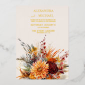 秋バーンドオレンジウォーターカラーパンパスグラス結婚ズ 箔招待状 (正面)