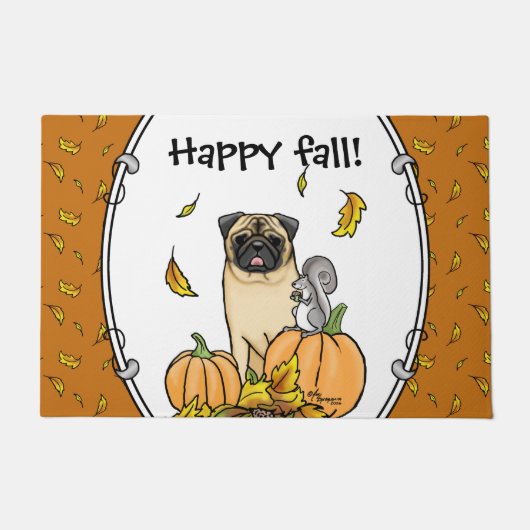 秋パグドッグ(FAWN)カボチャ葉ンかわいい ドアマット (正面)