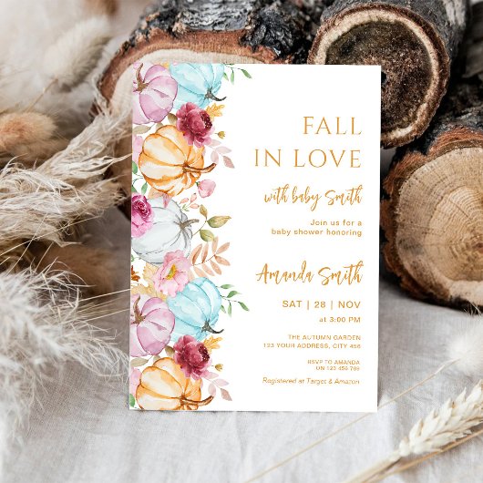 秋パステルパンプキンス秋インラブベビーシャワー 招待状