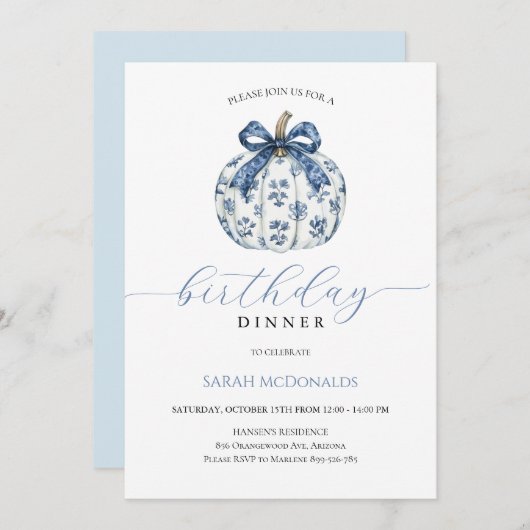 秋パンプキンウーマン誕生日ディナー招待状 招待状 (正面/裏面)