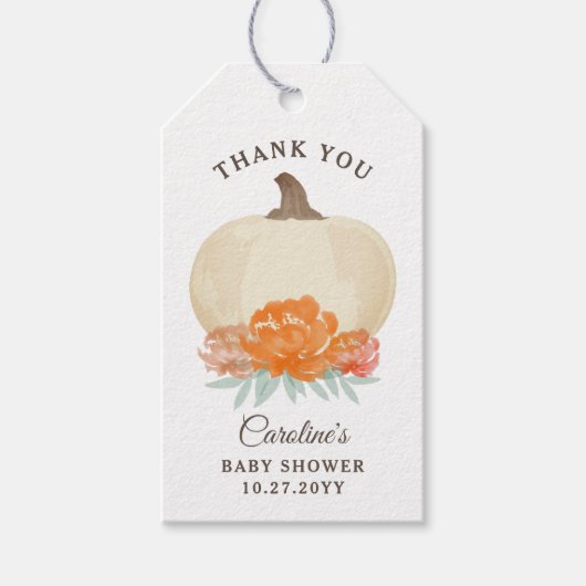 秋パンプキンオレンジフローラ&バーラップベビーシャワー ギフトタグ (正面)