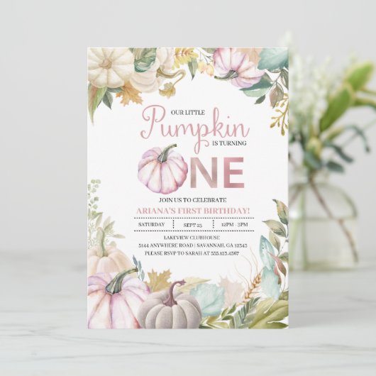 秋パンプキンオータムファースト誕生日招待状ガール 招待状 (スタンド正面)