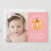 秋パンプキンオータムファースト誕生日招待状ピンク 招待状 (正面)