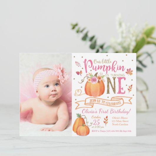 秋パンプキンオータムファースト誕生日招待状 招待状 (スタンド正面)