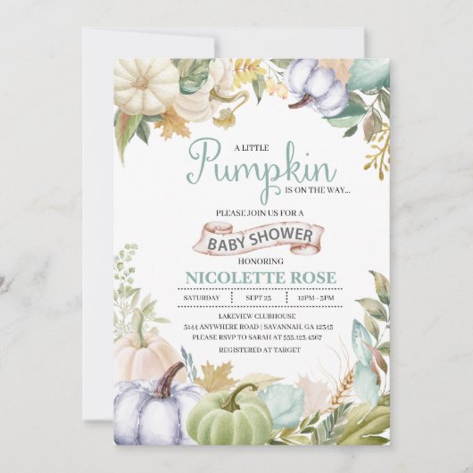 秋パンプキンオータムベビーシャワー招待状ボーイ 招待状 (正面)