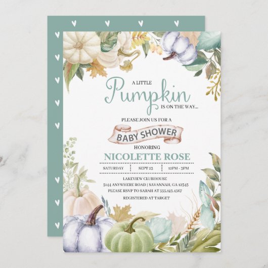 秋パンプキンオータムベビーシャワー招待状ボーイ 招待状 (正面/裏面)