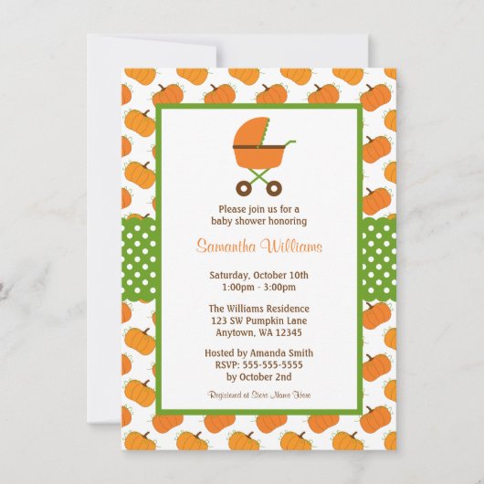 秋パンプキンズキャリッジベビーシャワー 招待状 (正面)