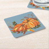 秋パンプキンズダスティブルー スクエアペーパーコースター (アングル)