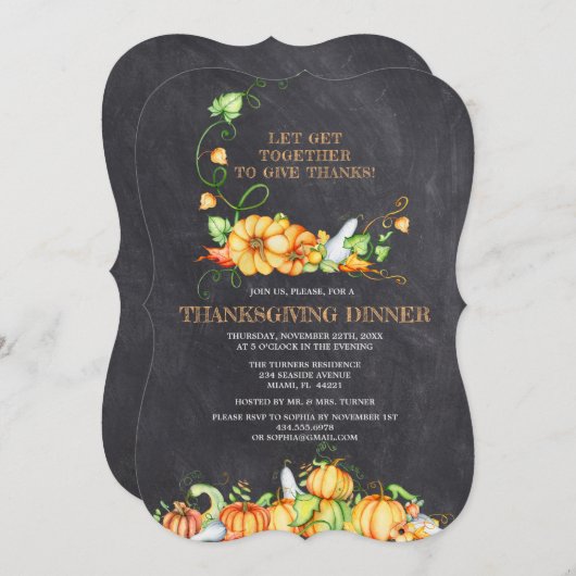 秋パンプキンズチョークボードサンクスギビングディナー 招待状 (正面/裏面)