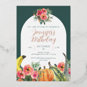 秋パンプキンズピンクフローラ金ゴールド誕生日パーティー 箔招待状 (正面)