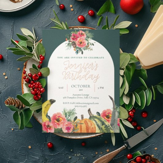 秋パンプキンズピンクフローラ金ゴールド誕生日パーティー 箔招待状