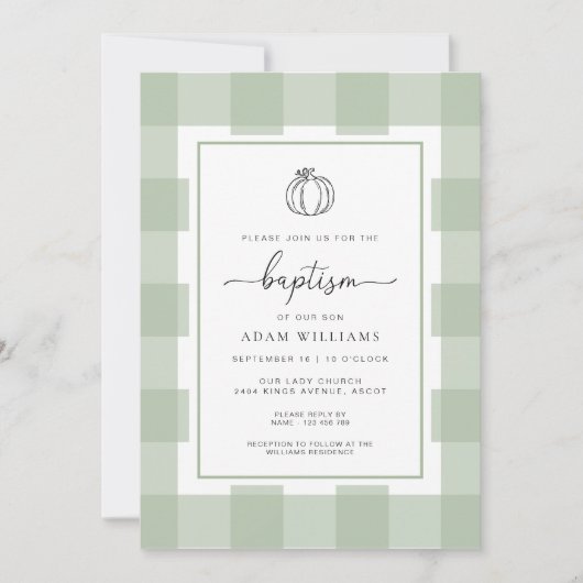 秋パンプキンセージ緑ジンガムバプテスマ 招待状 (正面)