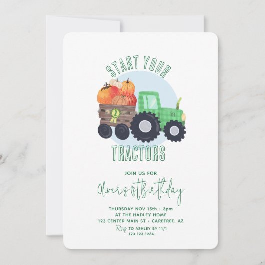 秋パンプキントラクターボーイ1st誕生日 招待状 (正面)