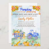 秋パンプキントラクター青い赤ちゃんシャワー招待 招待状 (正面/裏面)