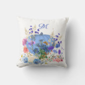 秋パンプキンパステルブルーボタニカルフローラモノグラム クッション (正面)