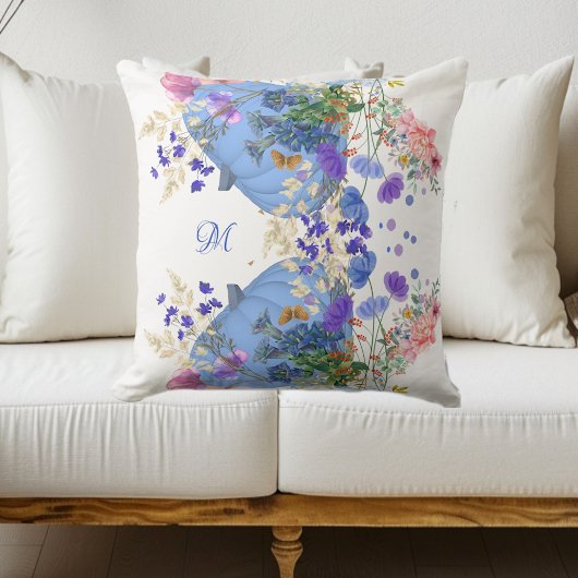 秋パンプキンパステルブルーボタニカルフローラモノグラム クッション