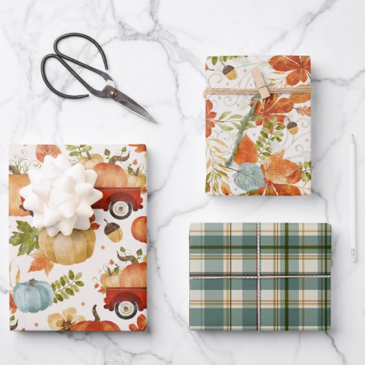 秋パンプキンパッチトラックプレイド ラッピングペーパーシート (正面)