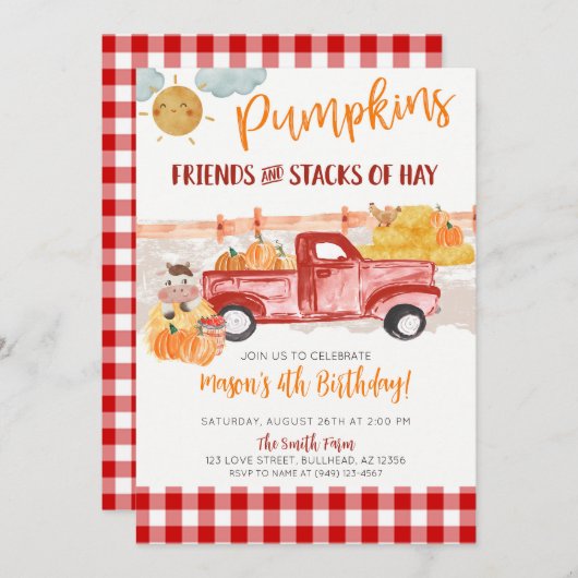 秋パンプキンパッチ旧ヴィンテージトラック誕生日 招待状 (正面/裏面)
