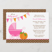 秋パンプキンピンクオレンジバナーガールベビーシャワー 招待状 (正面/裏面)