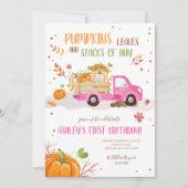 秋パンプキンピンクトラックオレンジグリーンガール誕生日 招待状 (正面)