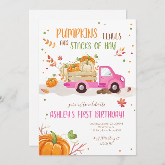 秋パンプキンピンクトラックオレンジグリーンガール誕生日 招待状 (正面/裏面)