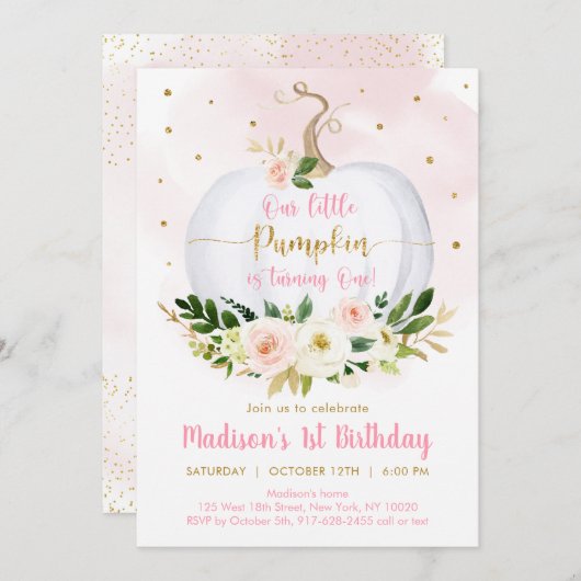秋パンプキンピンク金ゴールドガールファースト誕生日 招待状 (正面/裏面)