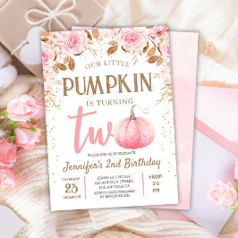 秋パンプキンピンク&金ゴールドガールフローラ2nd誕生日 招待状