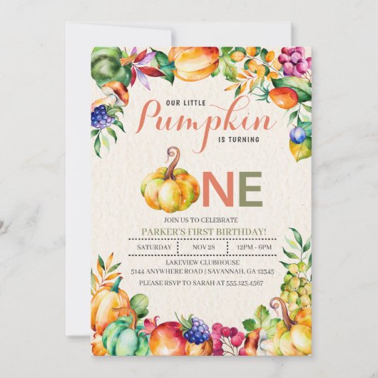 秋パンプキンファースト誕生日招待状 招待状 (正面)