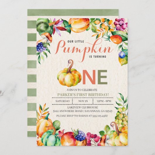 秋パンプキンファースト誕生日招待状 招待状 (正面/裏面)