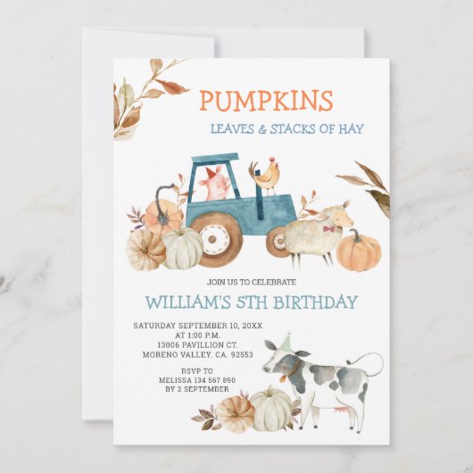 秋パンプキンファーム動物誕生日 招待状 (正面)