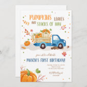 秋パンプキンブルートラックオレンジグリーンボーイ誕生日 招待状 (正面/裏面)