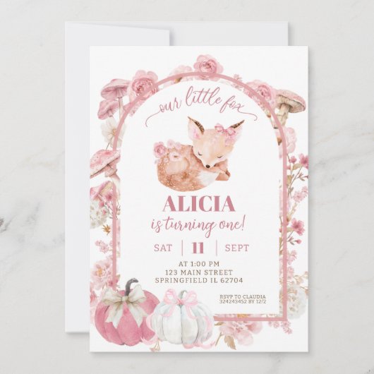 秋パンプキンホワイト&ピンクキツネガール誕生日 招待状 (正面)